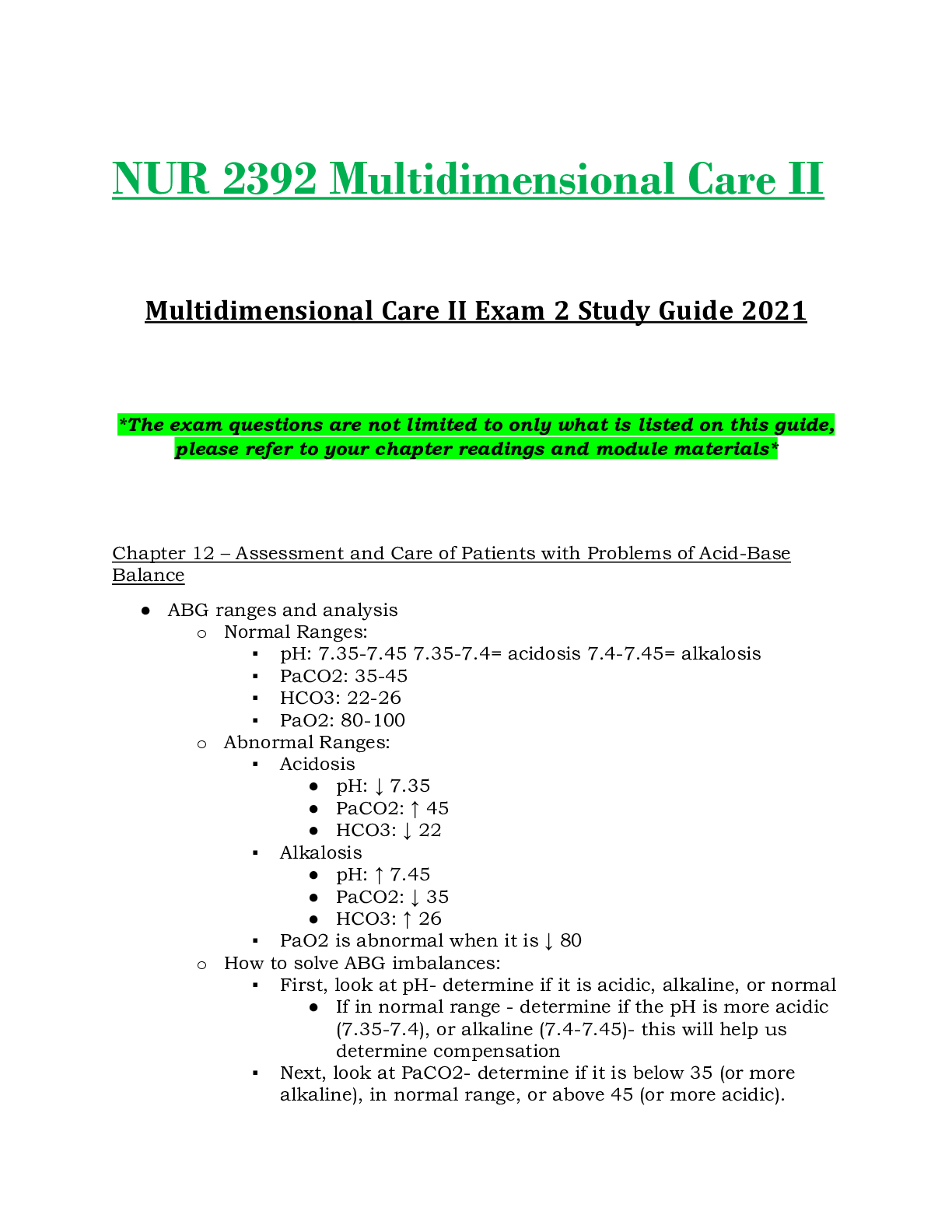 NUR 2392 / NUR2392 Exam 2 Study Guide Updated: Multidimensional Care II / MDC 2 - Rasmussen